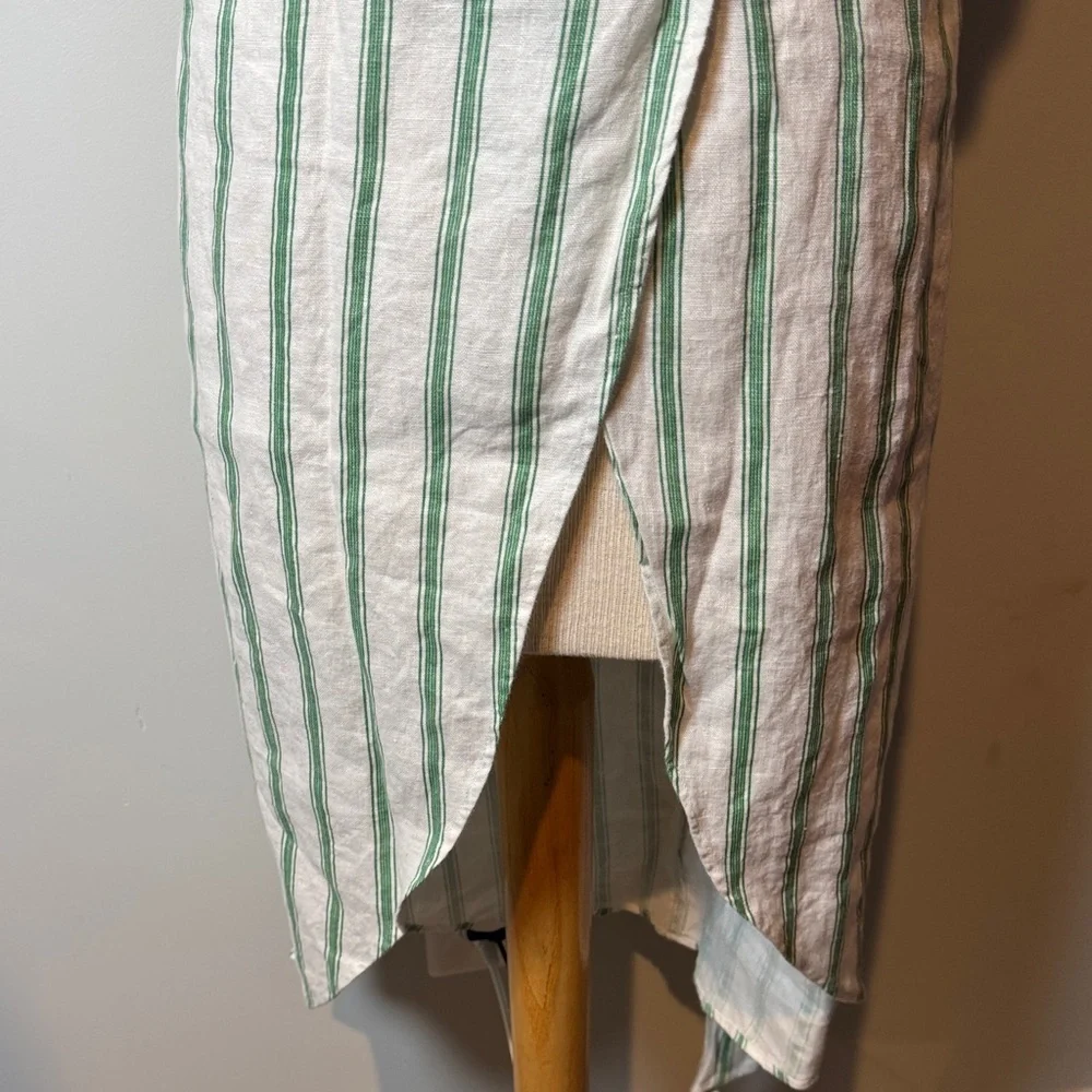 Reformation 100% linen Asymmetrical wrap Dress in Green and White Stripes - Picture 4 of 5